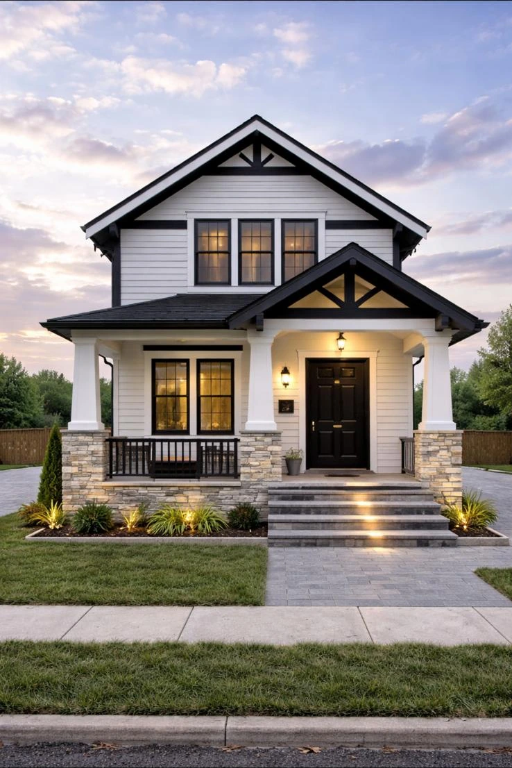 Completed white two-story home exterior with black trim, stonework, and illuminated entry